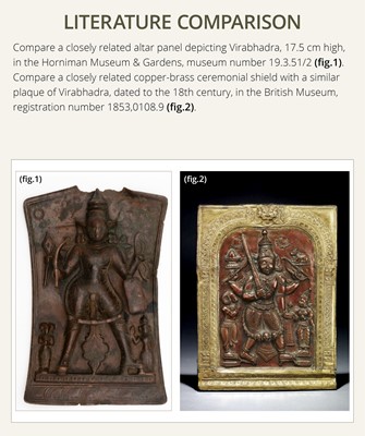 Lot 75 - A BRONZE CEREMONIAL SHIELD DEPICTING VIRABHADRA, SOUTH INDIA, 16TH-17TH CENTURY