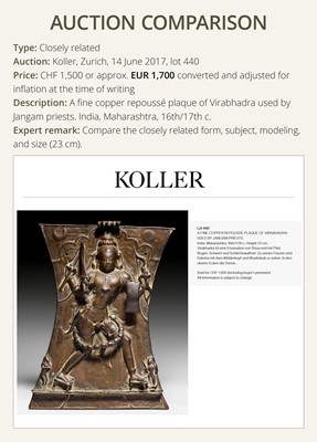 Lot 75 - A BRONZE CEREMONIAL SHIELD DEPICTING VIRABHADRA, SOUTH INDIA, 16TH-17TH CENTURY