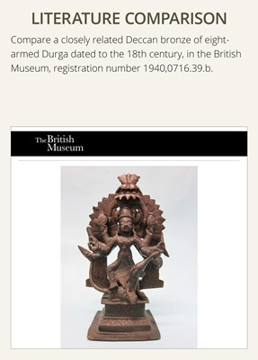 Lot 79 - A SMALL BRONZE FIGURE OF DURGA SLAYING THE BUFFALO-DEMON MAHISHA, DECCAN, 17TH-18TH CENTURY