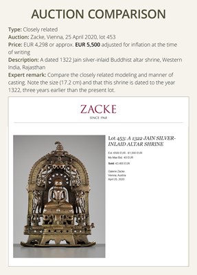 Lot 73 - A JAIN COPPER- AND SILVER-INLAID BRASS SHRINE OF A TIRTHANKARA, DATED 1325