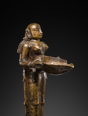 Lot 81 - A COPPER ALLOY ‘DEEPALAKSHMI’ VOTIVE LAMP, SOUTH INDIA, 17TH-18TH CENTURY