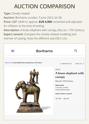Lot 76 - A BRONZE MODEL OF AN ELEPHANT WITH CANOPY CONTAINING A BRASS FIGURE OF MALE DEITY, DECCAN, 17TH CENTURY