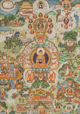 Lot 99 - A FINE THANGKA DEPICTING THE TWELVE DEEDS OF BUDDHA, 18TH-19TH CENTURY