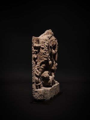 Lot 67 - A RED SANDSTONE RELIEF OF DURGA MAHISHASURAMARDINI, CENTRAL INDIA, CIRCA 10TH CENTURY