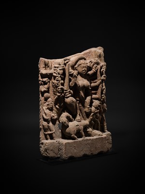 Lot 67 - A RED SANDSTONE RELIEF OF DURGA MAHISHASURAMARDINI, CENTRAL INDIA, CIRCA 10TH CENTURY