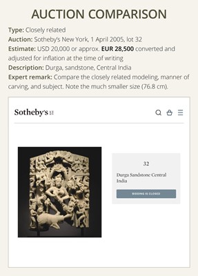 Lot 67 - A RED SANDSTONE RELIEF OF DURGA MAHISHASURAMARDINI, CENTRAL INDIA, CIRCA 10TH CENTURY