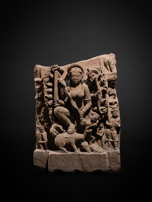 Lot 67 - A RED SANDSTONE RELIEF OF DURGA MAHISHASURAMARDINI, CENTRAL INDIA, CIRCA 10TH CENTURY