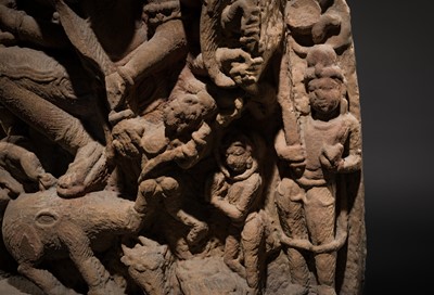 Lot 67 - A RED SANDSTONE RELIEF OF DURGA MAHISHASURAMARDINI, CENTRAL INDIA, CIRCA 10TH CENTURY