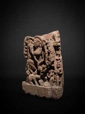 Lot 67 - A RED SANDSTONE RELIEF OF DURGA MAHISHASURAMARDINI, CENTRAL INDIA, CIRCA 10TH CENTURY