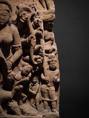 Lot 67 - A RED SANDSTONE RELIEF OF DURGA MAHISHASURAMARDINI, CENTRAL INDIA, CIRCA 10TH CENTURY