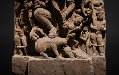 Lot 67 - A RED SANDSTONE RELIEF OF DURGA MAHISHASURAMARDINI, CENTRAL INDIA, CIRCA 10TH CENTURY