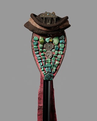 Lot 171 - A FINE TURQUOISE AND CORAL BEADED RITUAL HEADDRESS, PERAK, 20TH CENTURY