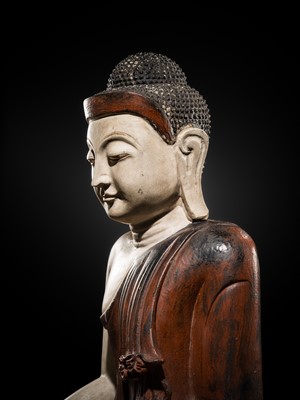 Lot 23 - A LARGE LACQUERED WHITE MARBLE FIGURE OF BUDDHA, MANDALAY STYLE