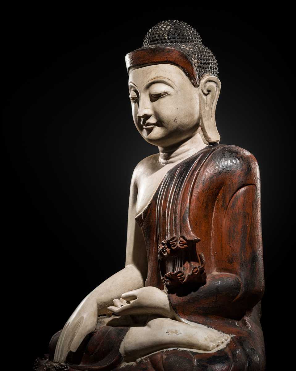 Lot 23 - A LARGE LACQUERED WHITE MARBLE FIGURE OF BUDDHA, MANDALAY STYLE