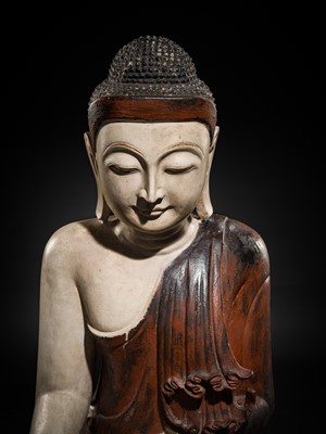 Lot 23 - A LARGE LACQUERED WHITE MARBLE FIGURE OF BUDDHA, MANDALAY STYLE