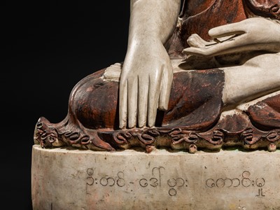 Lot 23 - A LARGE LACQUERED WHITE MARBLE FIGURE OF BUDDHA, MANDALAY STYLE