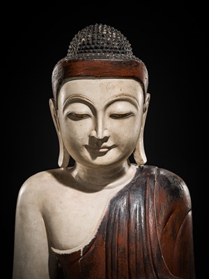 Lot 23 - A LARGE LACQUERED WHITE MARBLE FIGURE OF BUDDHA, MANDALAY STYLE