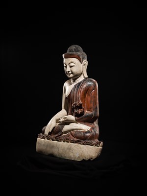 Lot 23 - A LARGE LACQUERED WHITE MARBLE FIGURE OF BUDDHA, MANDALAY STYLE