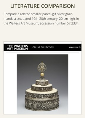 Lot 47 - A MONUMENTAL (142 CM) PARCEL-GILT COPPER AND SILVER REPOUSSÉ GRAIN MANDALA SET, TIBET, 20TH CENTURY