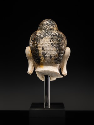 Lot 19 - A MAGNIFICENT LARGE GILT AND PAINTED WHITE MARBLE HEAD OF BUDDHA, MANDALAY, 18TH-19TH CENTURY