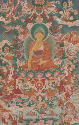 Lot 201 - A THANGKA DEPICTING BUDDHA SHAKYAMUNI WITH ATTENDANTS