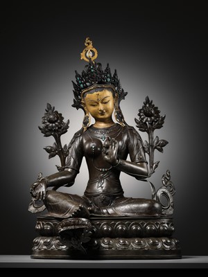 Lot 92 - A LARGE AND IMPRESSIVE BRONZE FIGURE OF GREEN TARA, NEPAL, CIRCA 1900
