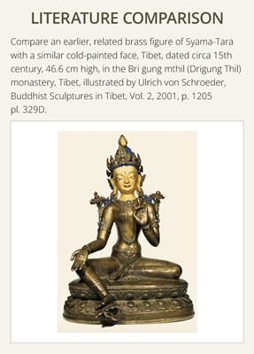 Lot 92 - A LARGE AND IMPRESSIVE BRONZE FIGURE OF GREEN TARA, NEPAL, CIRCA 1900
