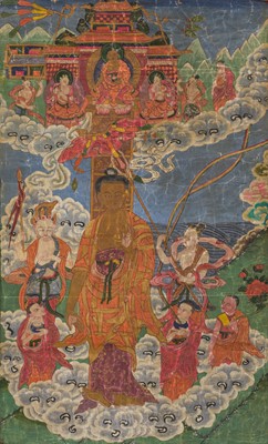 Lot 205 - A THANGKA OF SHAKYAMUNI DESCENDING FROM THE HEAVEN OF THE 33 GODS