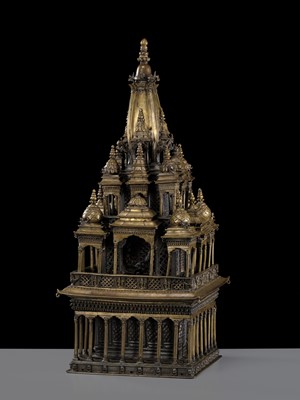 Lot 110 - A MONUMENTAL AND IMPORTANT BRONZE MODEL OF THE KRISHNA MANDIR IN PATAN, WITH A BRONZE FIGURE OF BALAKRISHNA