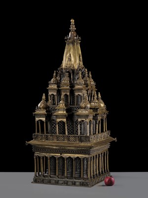 Lot 110 - A MONUMENTAL AND IMPORTANT BRONZE MODEL OF THE KRISHNA MANDIR IN PATAN, WITH A BRONZE FIGURE OF BALAKRISHNA