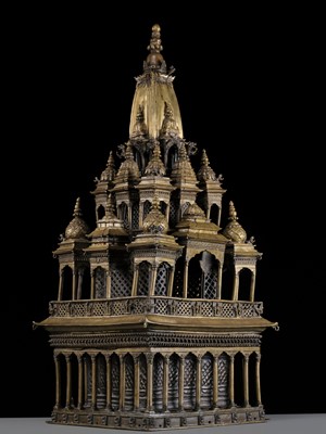 Lot 110 - A MONUMENTAL AND IMPORTANT BRONZE MODEL OF THE KRISHNA MANDIR IN PATAN, WITH A BRONZE FIGURE OF BALAKRISHNA