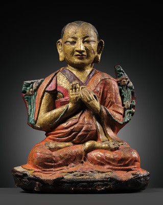 Lot 128 - A VERY RARE GILT-LACQUERED STUCCO FIGURE OF TSONGKHAPA, 18TH-19TH CENTURY