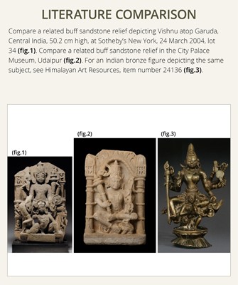 Lot 69 - A BUFF SANDSTONE RELIEF PANEL OF VAIKUNTHA KAMALAJA ATOP GARUDA, CENTRAL INDIA, 10TH-12TH CENTURY