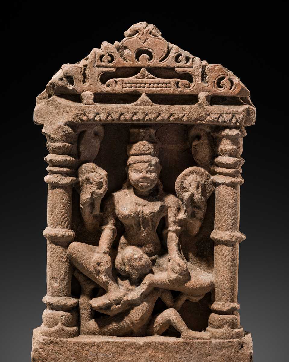 Lot 69 - A BUFF SANDSTONE RELIEF PANEL OF VAIKUNTHA KAMALAJA ATOP GARUDA, CENTRAL INDIA, 10TH-12TH CENTURY