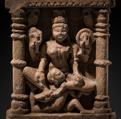 Lot 69 - A BUFF SANDSTONE RELIEF PANEL OF VAIKUNTHA KAMALAJA ATOP GARUDA, CENTRAL INDIA, 10TH-12TH CENTURY