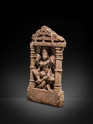 Lot 69 - A BUFF SANDSTONE RELIEF PANEL OF VAIKUNTHA KAMALAJA ATOP GARUDA, CENTRAL INDIA, 10TH-12TH CENTURY
