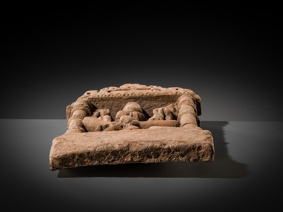 Lot 69 - A BUFF SANDSTONE RELIEF PANEL OF VAIKUNTHA KAMALAJA ATOP GARUDA, CENTRAL INDIA, 10TH-12TH CENTURY