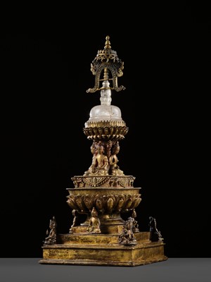 Lot 111 - A RARE AND LARGE GILT-BRONZE AND ROCK CRYSTAL STUPA, 18TH-19TH CENTURY