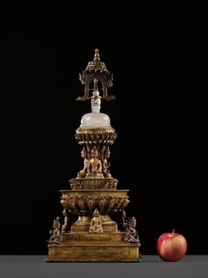 Lot 111 - A RARE AND LARGE GILT-BRONZE AND ROCK CRYSTAL STUPA, 18TH-19TH CENTURY