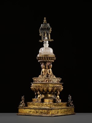 Lot 111 - A RARE AND LARGE GILT-BRONZE AND ROCK CRYSTAL STUPA, 18TH-19TH CENTURY