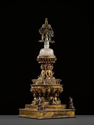 Lot 111 - A RARE AND LARGE GILT-BRONZE AND ROCK CRYSTAL STUPA, 18TH-19TH CENTURY