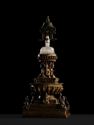 Lot 111 - A RARE AND LARGE GILT-BRONZE AND ROCK CRYSTAL STUPA, 18TH-19TH CENTURY