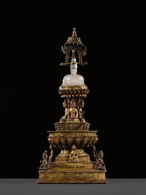 Lot 111 - A RARE AND LARGE GILT-BRONZE AND ROCK CRYSTAL STUPA, 18TH-19TH CENTURY