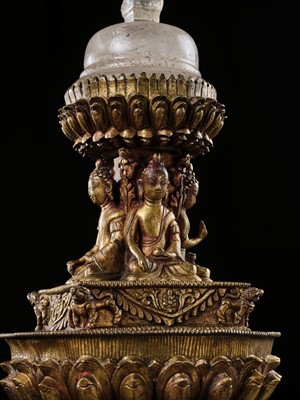 Lot 111 - A RARE AND LARGE GILT-BRONZE AND ROCK CRYSTAL STUPA, 18TH-19TH CENTURY