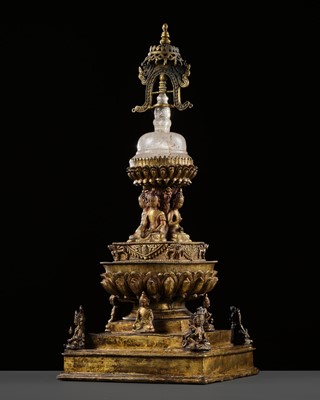 Lot 111 - A RARE AND LARGE GILT-BRONZE AND ROCK CRYSTAL STUPA, 18TH-19TH CENTURY