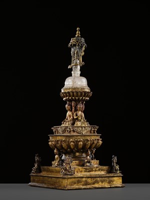 Lot 111 - A RARE AND LARGE GILT-BRONZE AND ROCK CRYSTAL STUPA, 18TH-19TH CENTURY