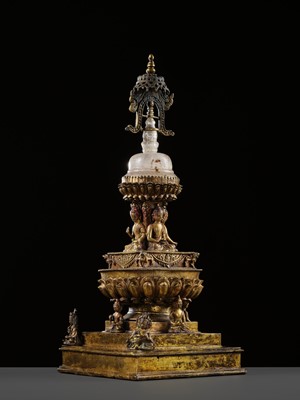 Lot 111 - A RARE AND LARGE GILT-BRONZE AND ROCK CRYSTAL STUPA, 18TH-19TH CENTURY