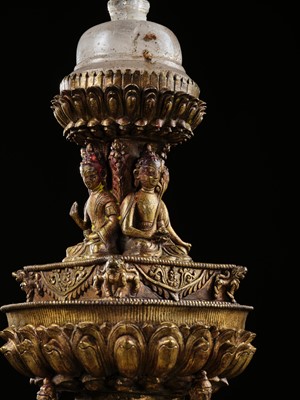 Lot 111 - A RARE AND LARGE GILT-BRONZE AND ROCK CRYSTAL STUPA, 18TH-19TH CENTURY