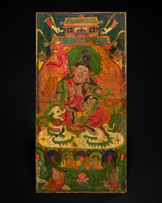 Lot 103 - A PAINTED WOOD DOOR DEPICTING VAISHRAVANA, TIBET, 19TH CENTURY