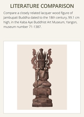 Lot 17 - A LARGE LACQUERED WOOD FIGURE OF JAMBUPATI BUDDHA, SHAN STATES